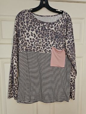 Leopard & Stripe Long Sleeve Top with Pink Pocket